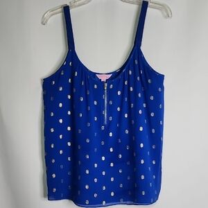 LILLY PULITZER Lilly Blue Gold Embellished Silk Tank Top